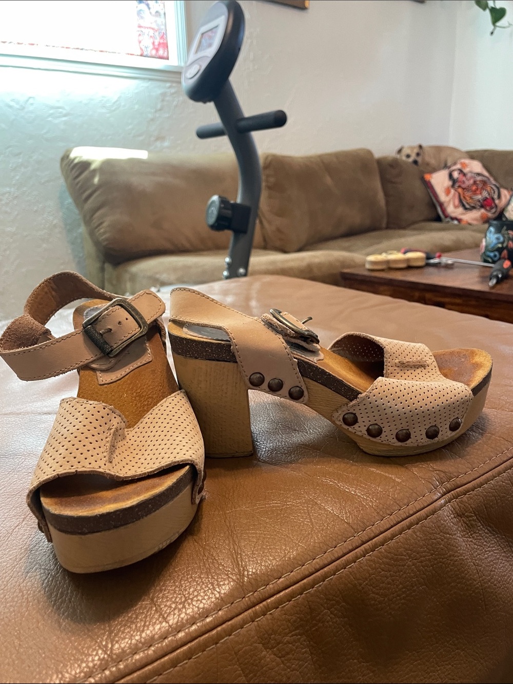 Beige Perforated Platform Clog Sandals with Ankle Buckle